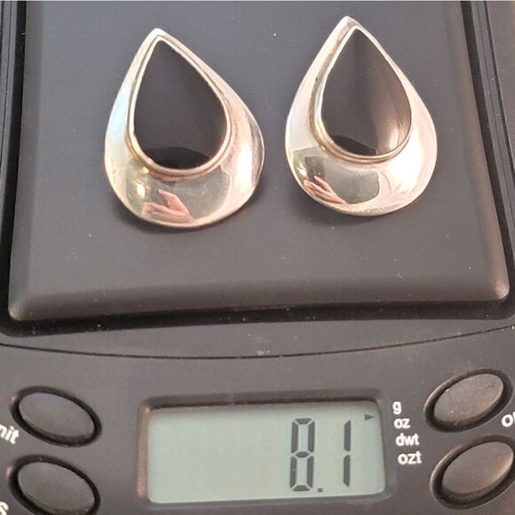 Sterling Silver Black Onyx Cabochon Pear Post Statement Earrings - Picture 10 of 10